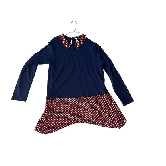 NY Collection Blouse  Long Sleeves Peter Pan Collar Heart Print Blue Large - Picture 3 of 5